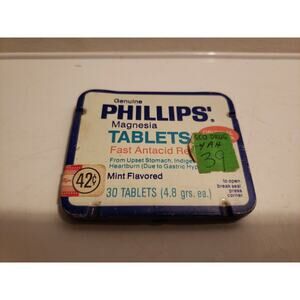 Vintage Phillips Magnesia Tablets Tin - 30 count - 4.8 grains each - 42 cents